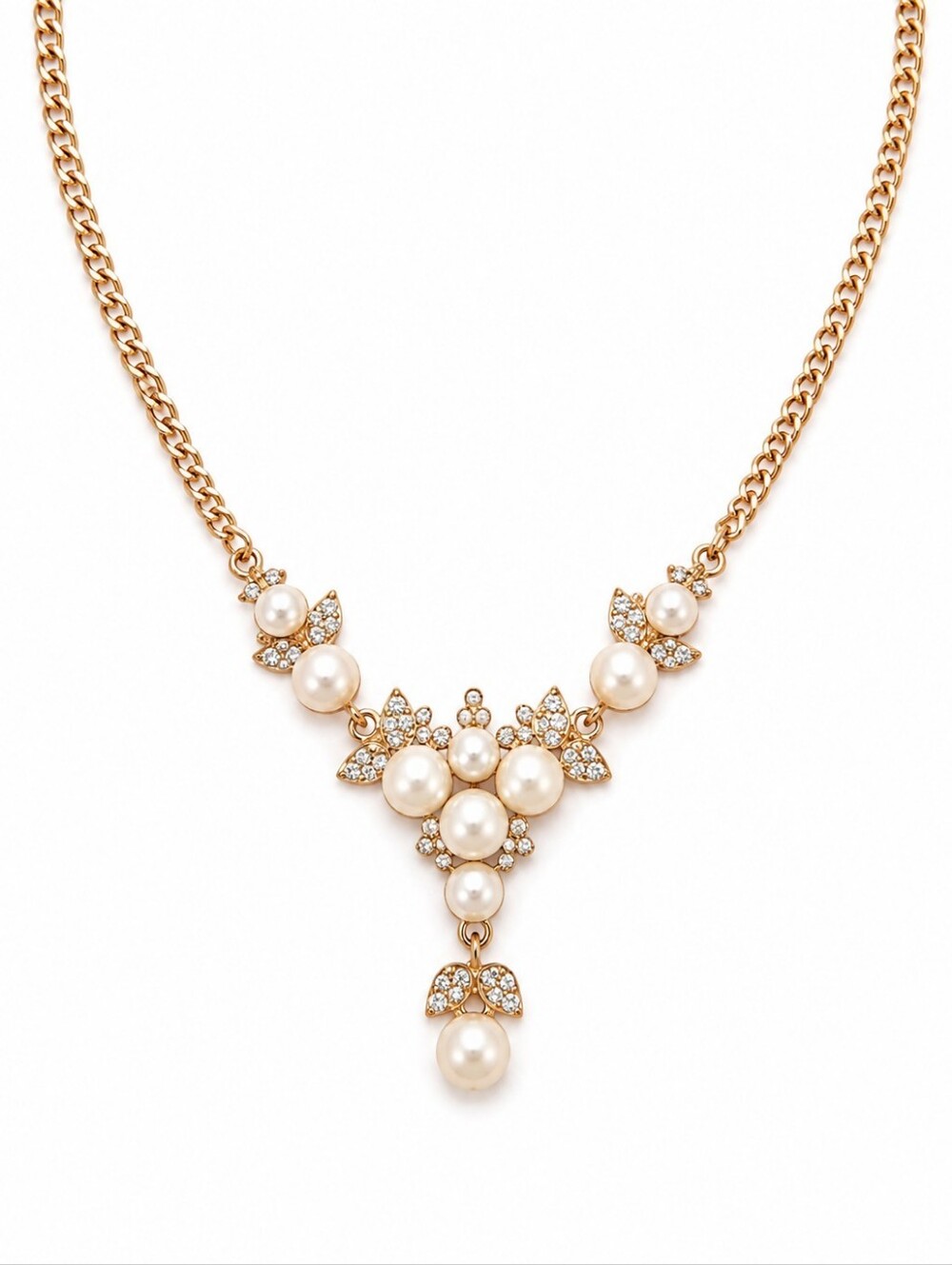Vintage Faux Pearl Rhinestone Drop Necklace Gold Tone Elegant Statement Jewelry